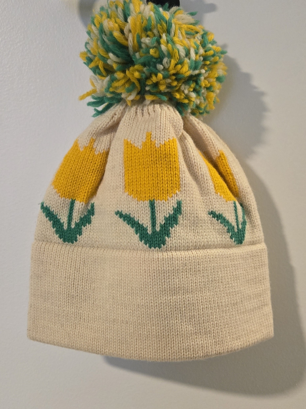 Vintage CB Sports Wool Beanie with Pom Pom Yellow Tulips
